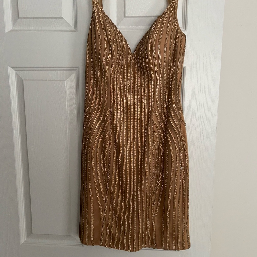 Jovani Brown Pleated Sheath Mini Dress